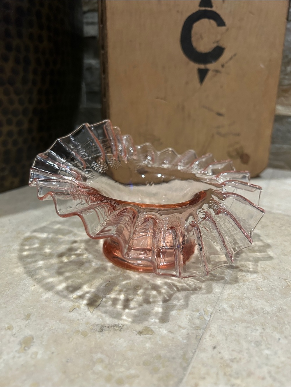 vintage FENTON clear pink ruffled glass candy dish